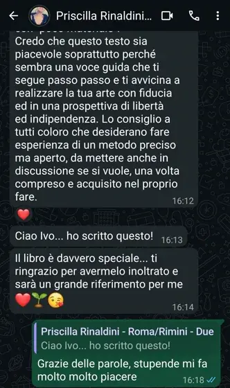 Messaggio WhatsApp di Priscilla Rinaldini, seconda parte: ti avvicina a realizzare la tua arte con fiducia, in una prospettiva di libertà e indipendenza
